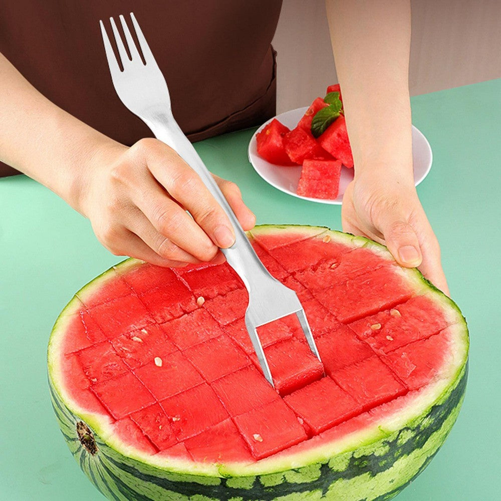 2Pcs 2-in-1 Watermelon Fork Slicer Cutter Stainless Steel Fruit Fork Tool