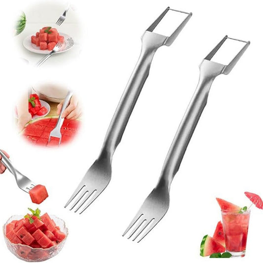 2Pcs 2-in-1 Watermelon Fork Slicer Cutter Stainless Steel Fruit Fork Tool