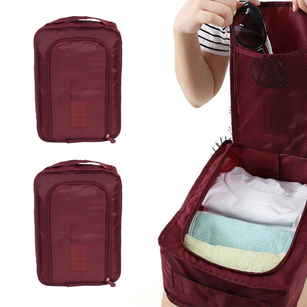 2Pcs Portable Shoes Bag Travel Sport Storage Pouch Organizer Wine Red