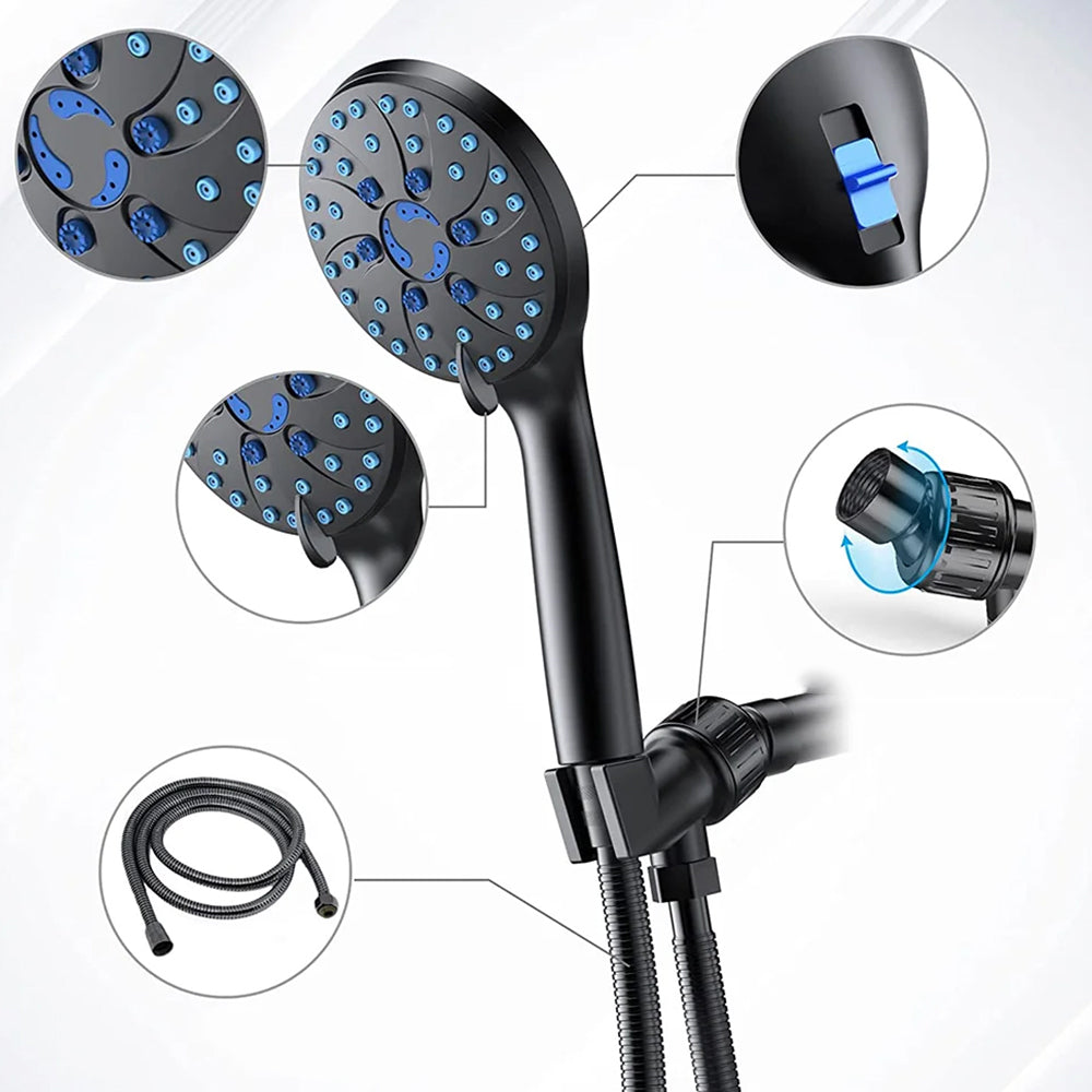 High Pressure 5 Mode Handheld Shower Head with Anti Clog Nozzle 1.5m Hose Black