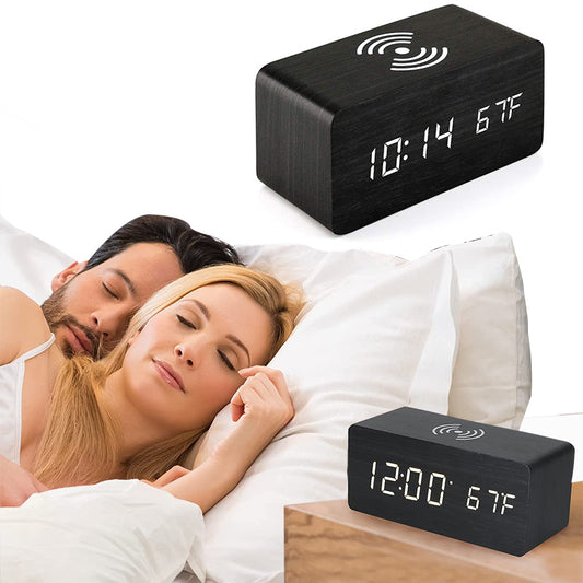 Digital Alarm Clock Wooden Temperature LED Clock with Wireless Charger Black