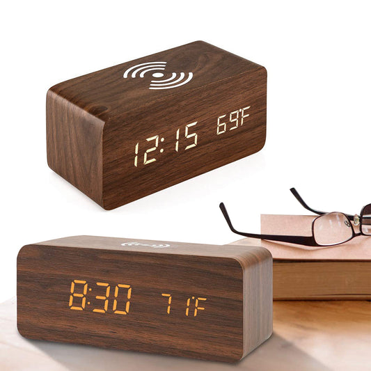 Digital Alarm Clock Wooden Temperature LED Clock with Wireless Charger Brown