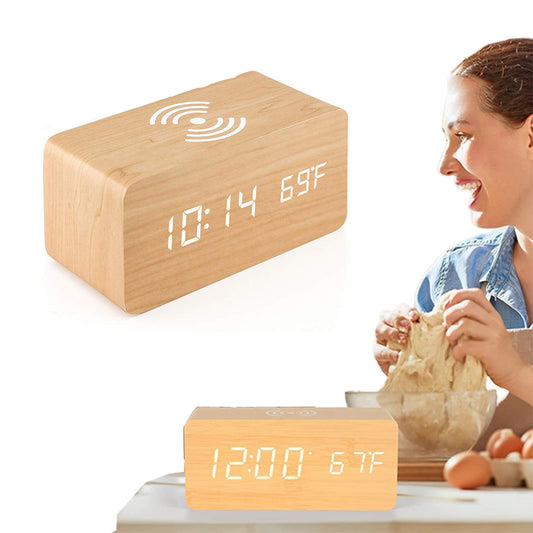 Digital Alarm Clock Wooden Temperature LED Clock with Wireless Charger Wood