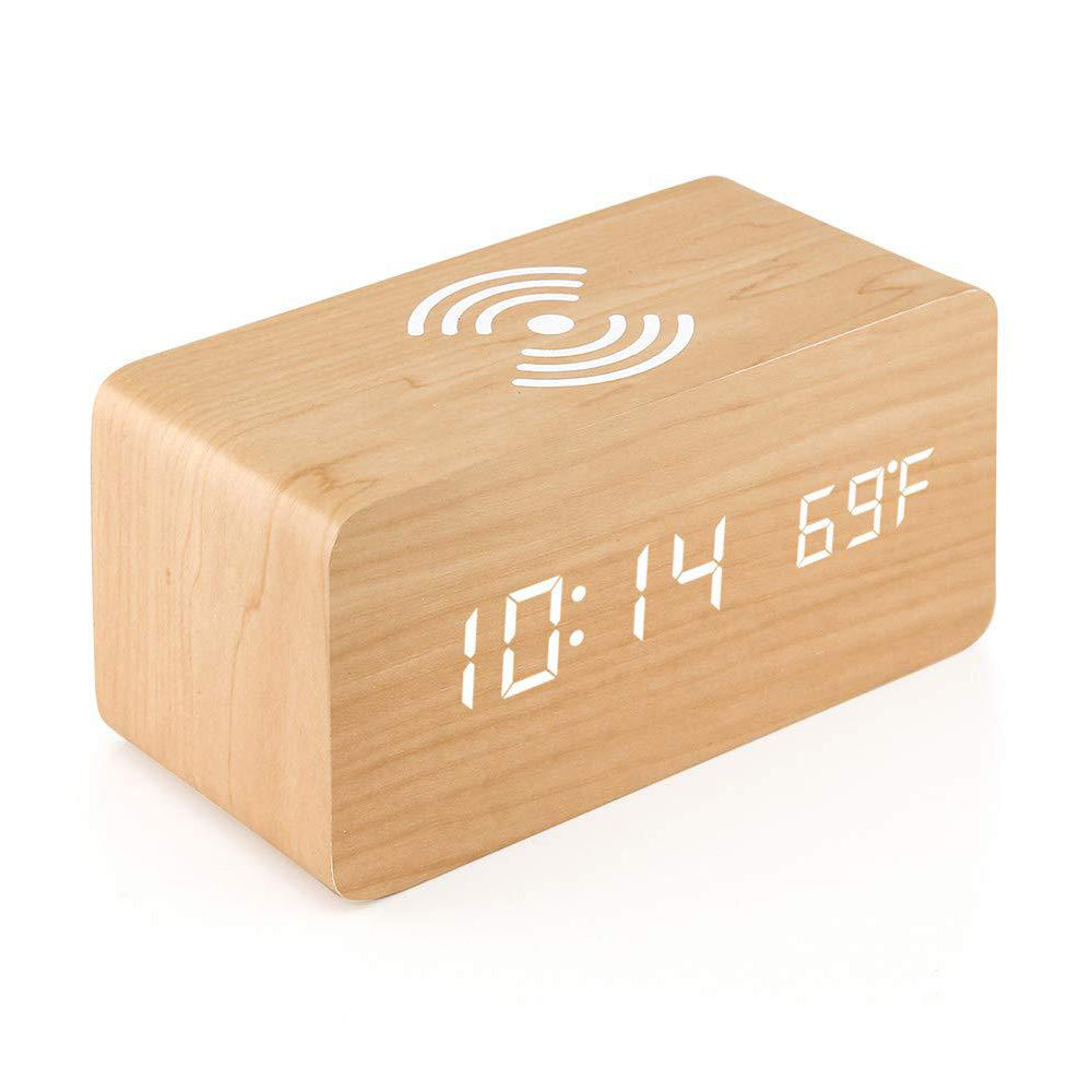 Digital Alarm Clock Wooden Temperature LED Clock with Wireless Charger Wood