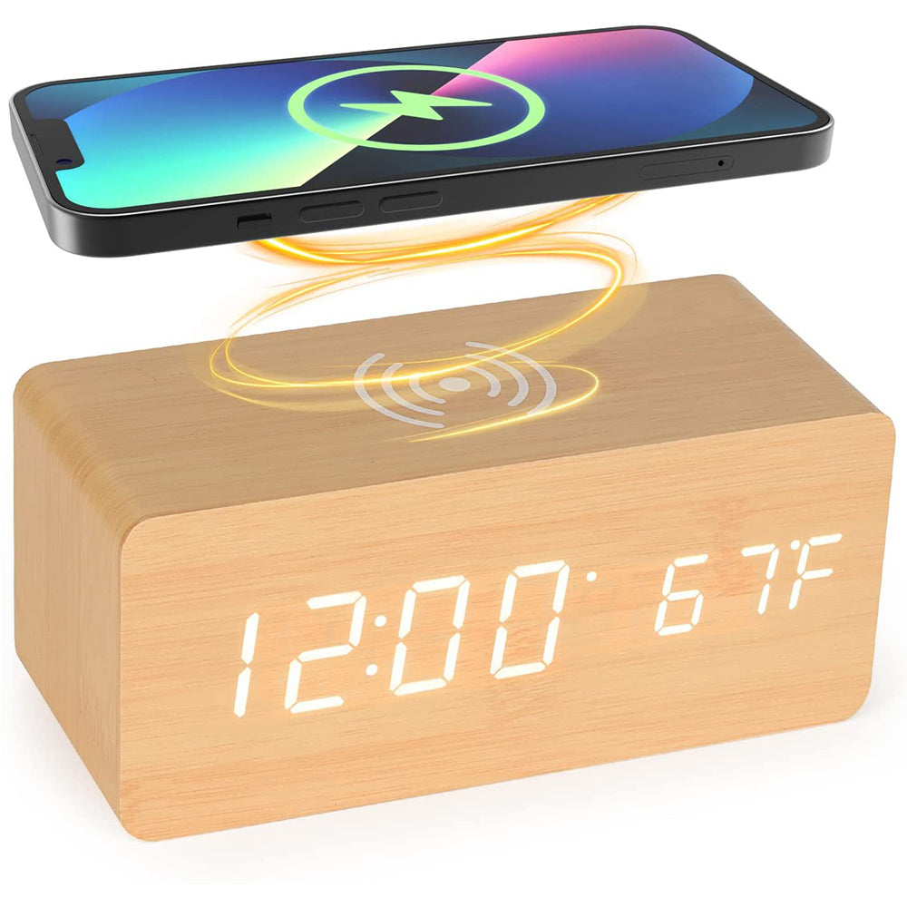 Digital Alarm Clock Wooden Temperature LED Clock with Wireless Charger Wood