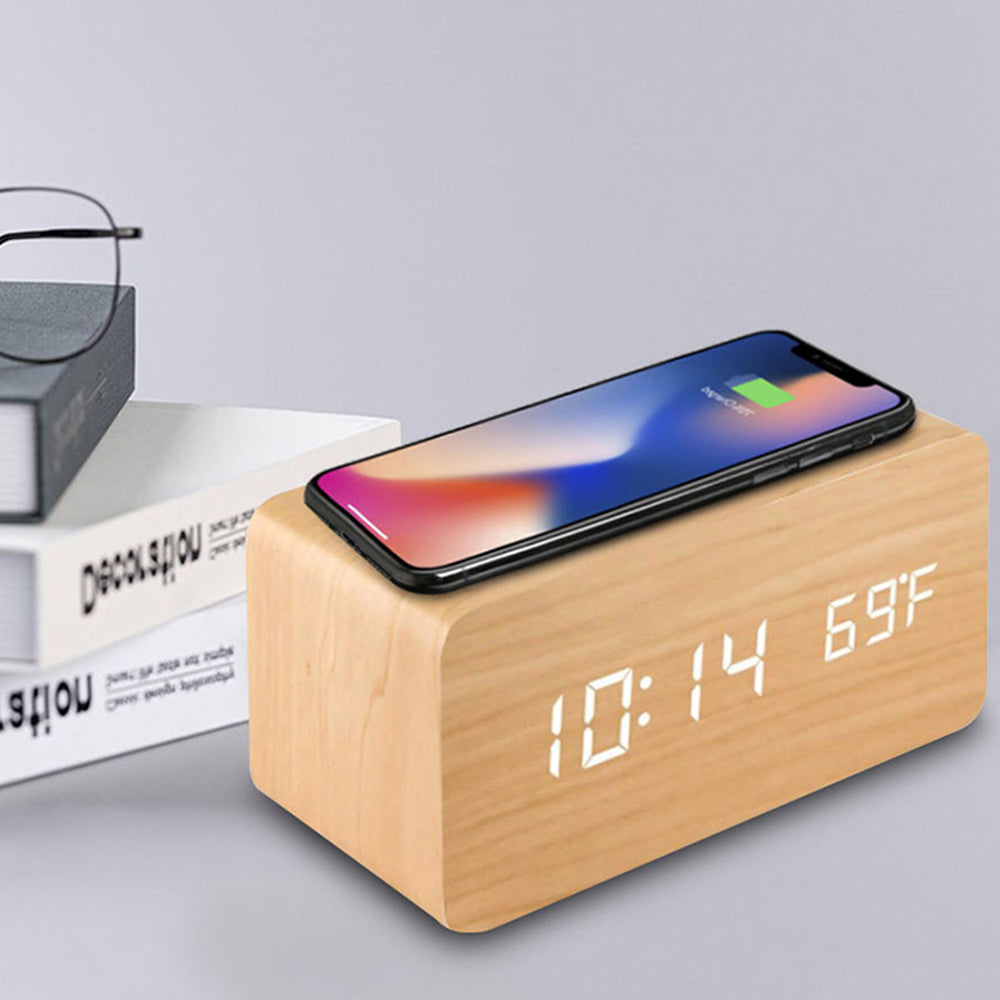 Digital Alarm Clock Wooden Temperature LED Clock with Wireless Charger Wood