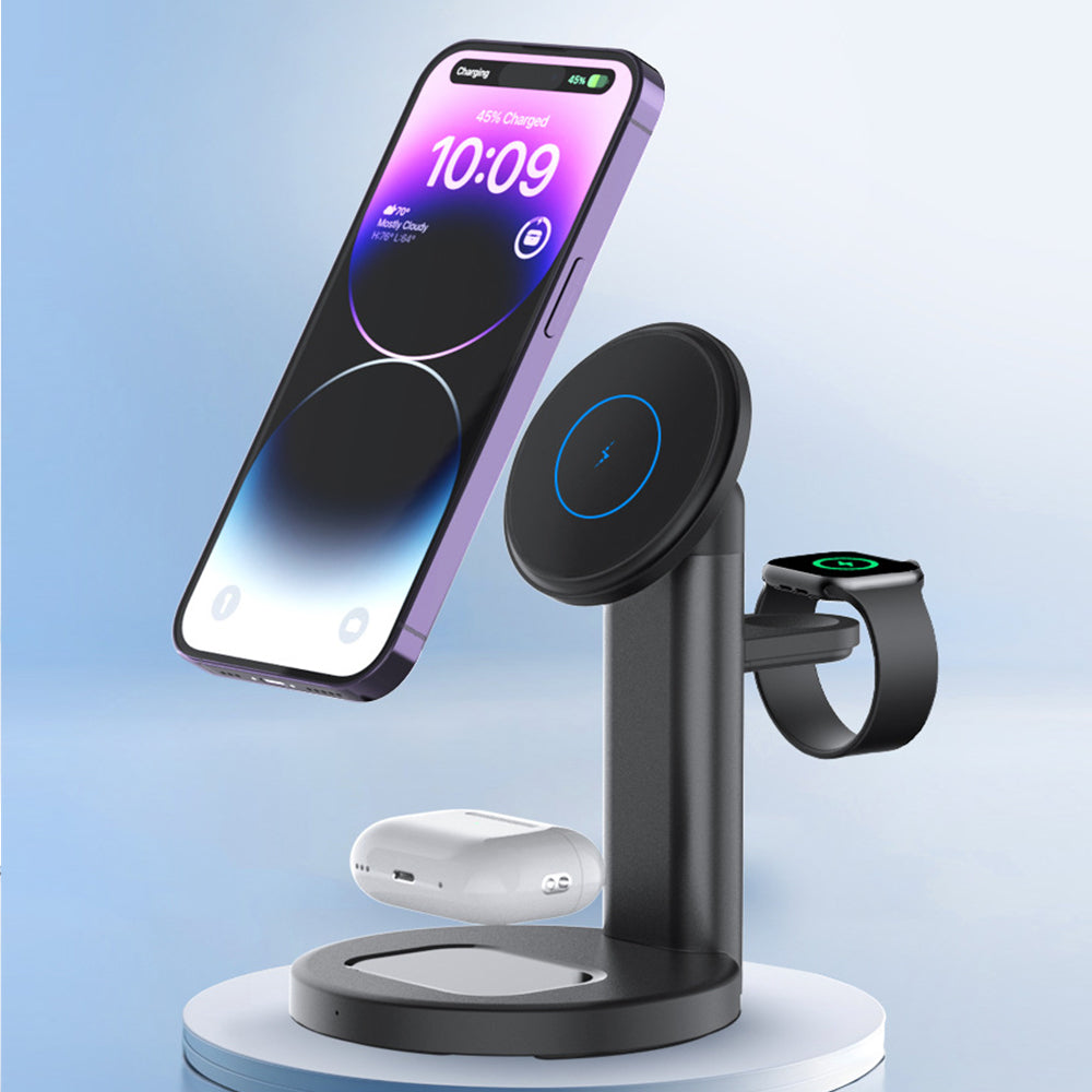 3-in-1 Wireless MagSafe Charger Station Magnetic Charging Stand Black