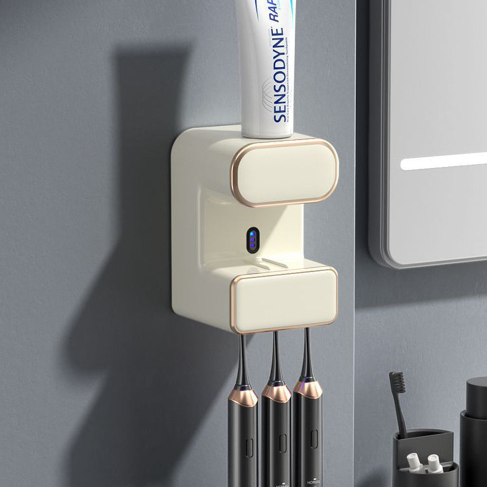 Electric Automatic Toothpaste Dispenser Wall-Mounted Toothbrush Sterilizer Beige