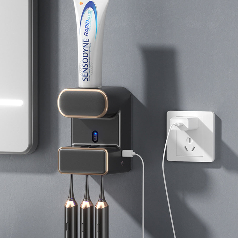 Electric Automatic Toothpaste Dispenser Wall-Mounted Toothbrush Sterilizer Black