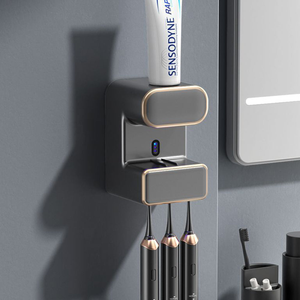 Electric Automatic Toothpaste Dispenser Wall-Mounted Toothbrush Sterilizer Black