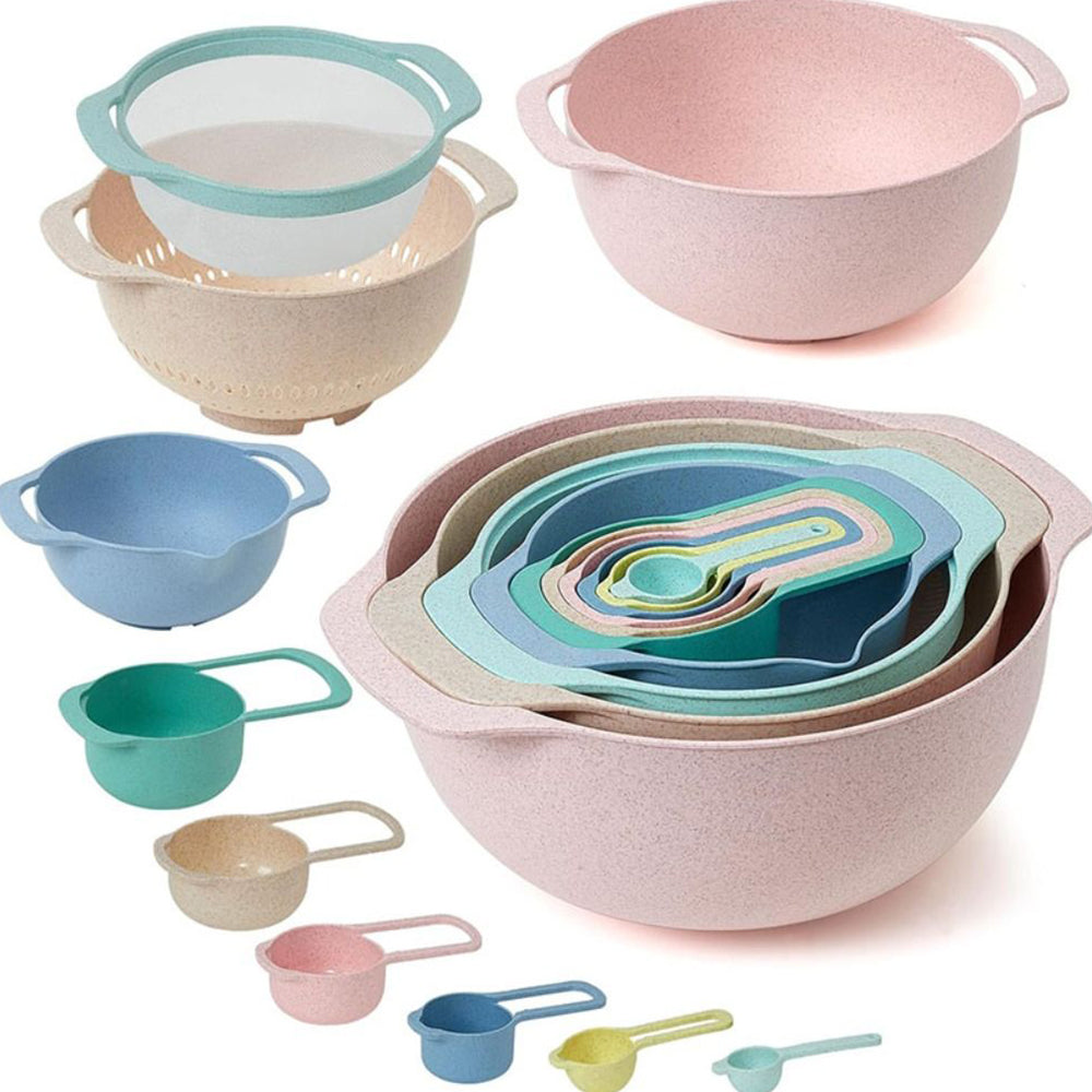 10Pcs Mixing Bowl Set Plastic Serving Bowls Nesting Bowls with Measuring Spoon