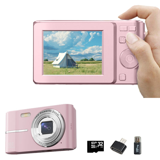 Digital Camera 4K Screen Video Compact Camera with 32GB Memory Card Pink