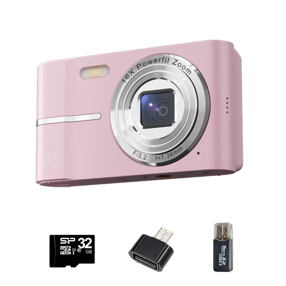 Digital Camera 4K Screen Video Compact Camera with 32GB Memory Card Pink