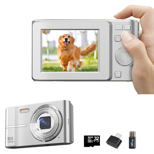 Digital Camera 4K Screen Video Compact Camera with 32GB Memory Card Silver