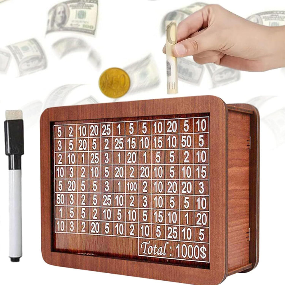 Cash Vault Wooden Saving Box for Cash with Counting Target 1,000 USD