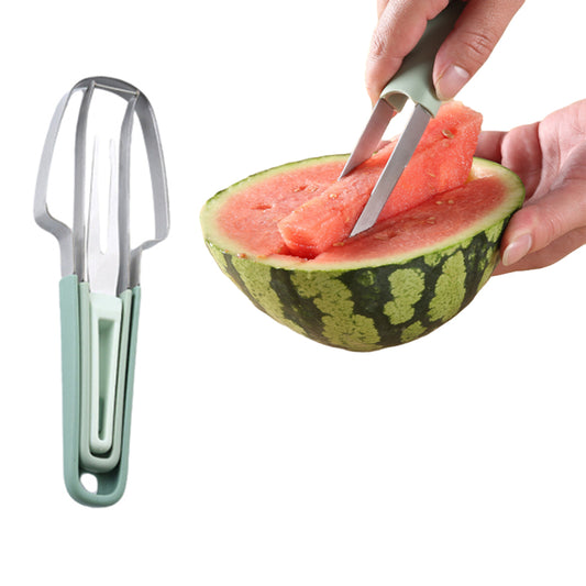 3-in-1 Stainless Steel Watermelon Fork Slicer Cutter Fruit Kitchen Gadget Green