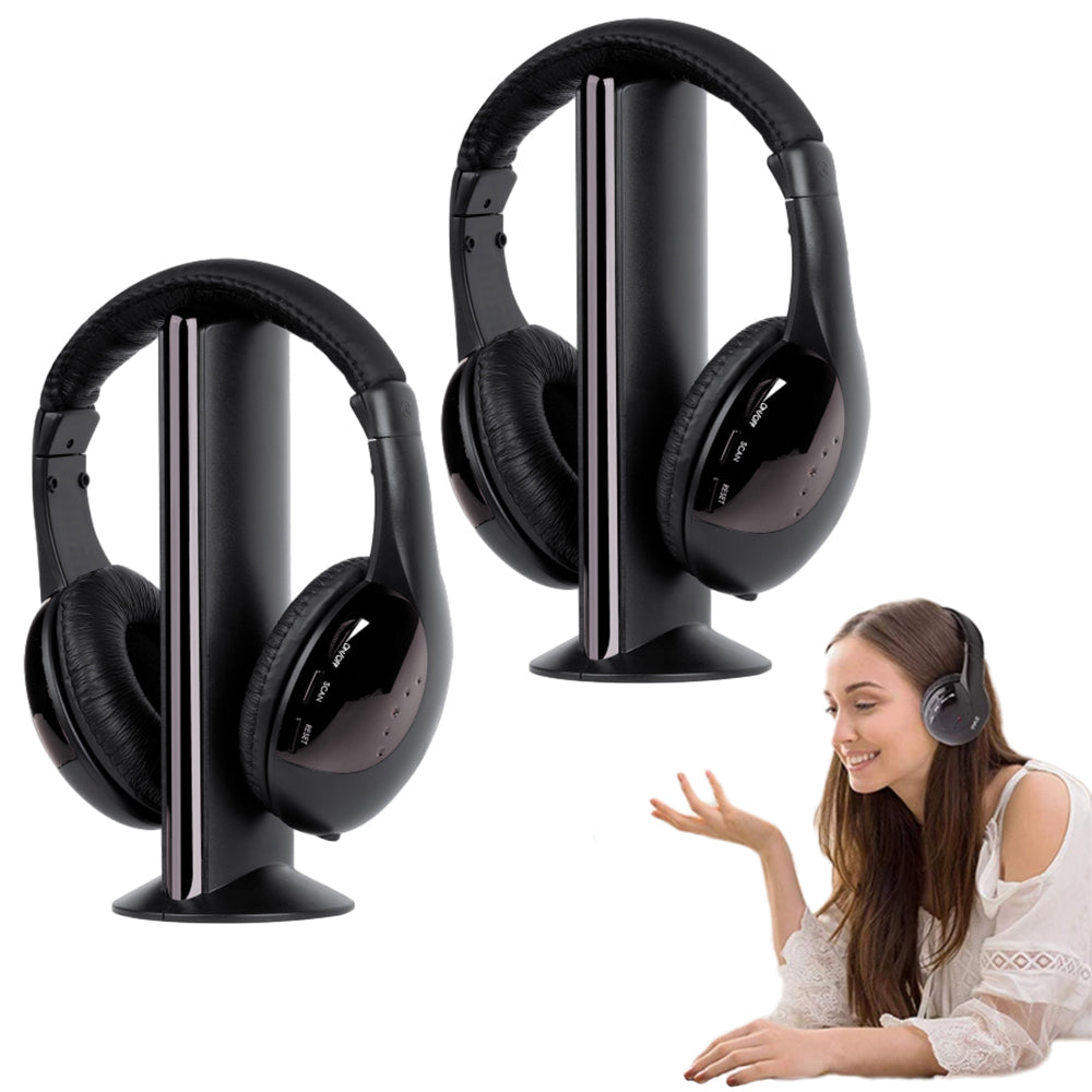 2Pcs 5 in 1 Wireless Headphones Rechargeable PC TV Radio Home Headset