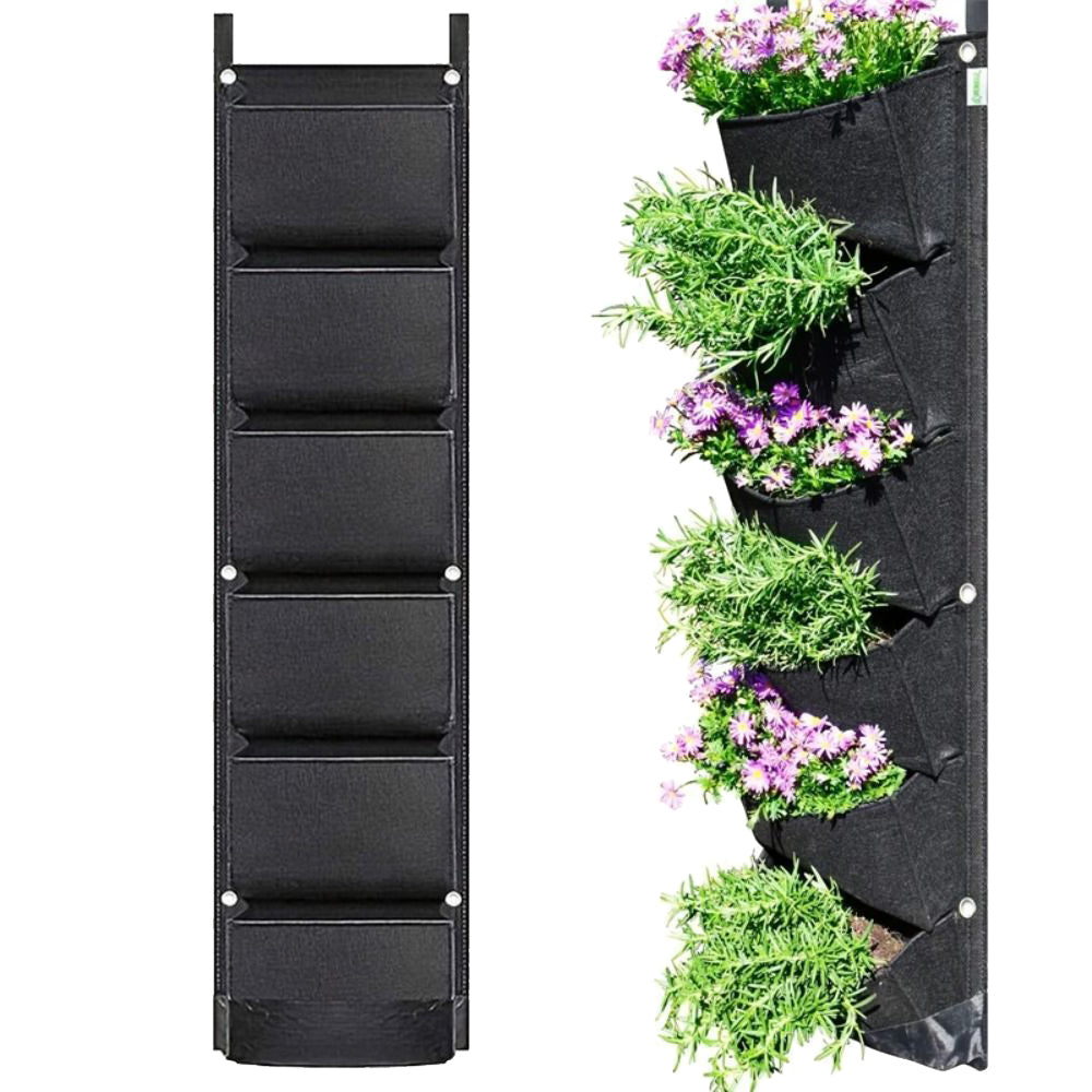 6 Pockets Vertical Wall Hanging Planting Bag Flower Grow Pouch for Garden Black