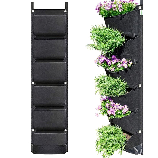 6 Pockets Vertical Wall Hanging Planting Bag Flower Grow Pouch for Garden Black