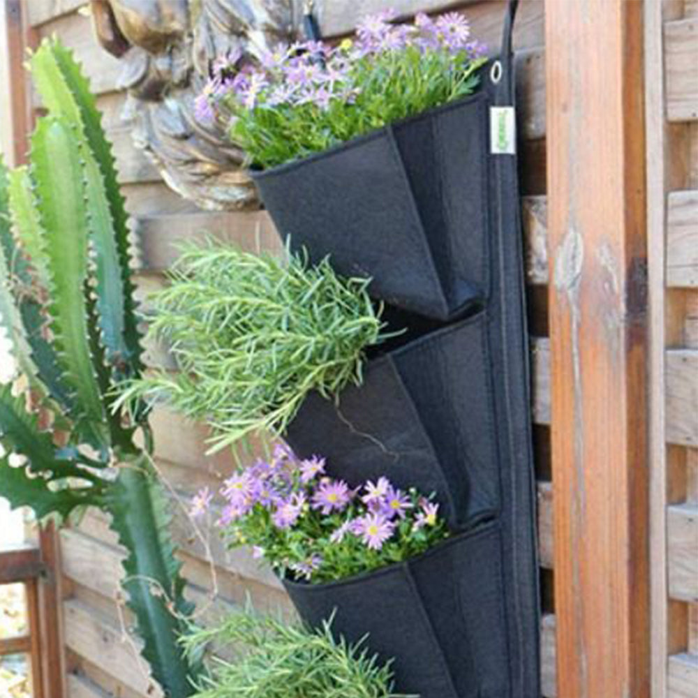 6 Pockets Vertical Wall Hanging Planting Bag Flower Grow Pouch for Garden Black