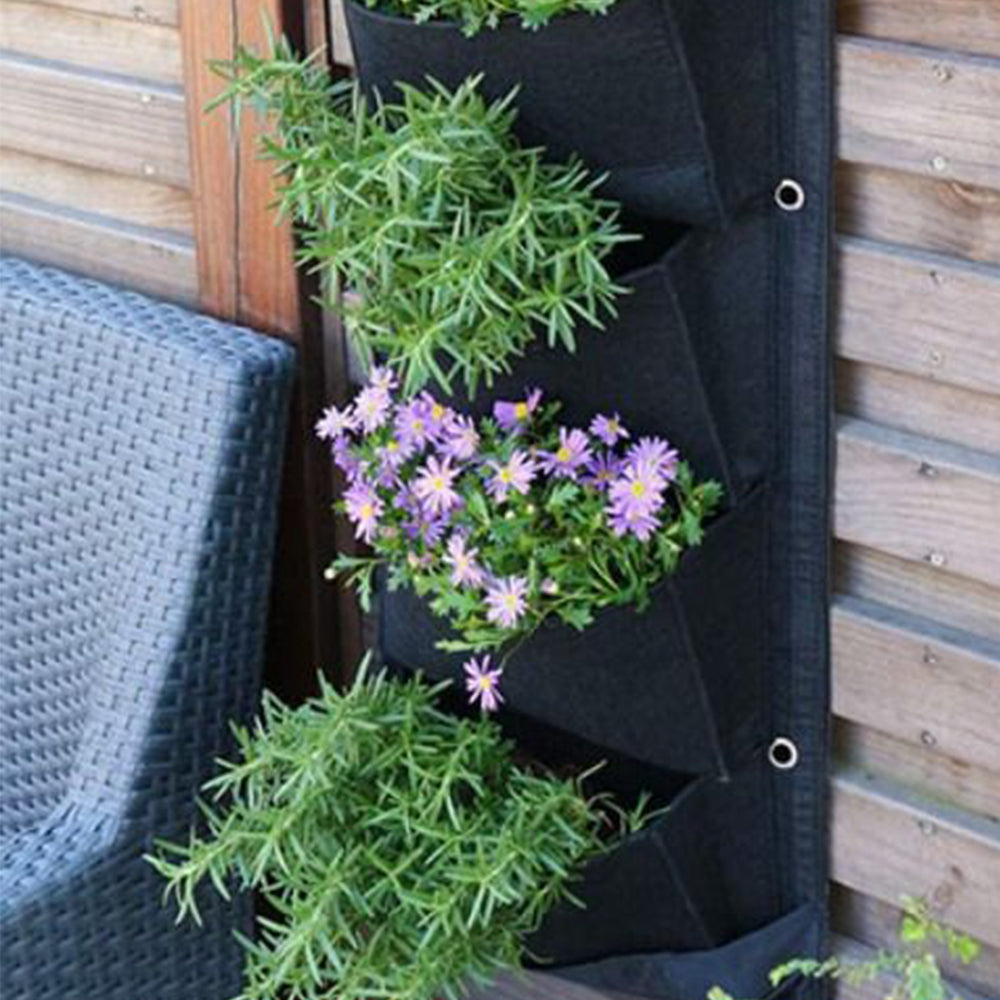6 Pockets Vertical Wall Hanging Planting Bag Flower Grow Pouch for Garden Black