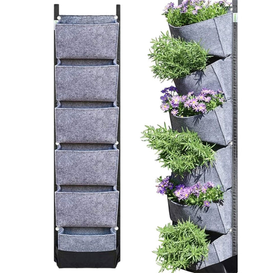 6 Pockets Vertical Wall Hanging Planting Bag Flower Grow Pouch for Garden Grey