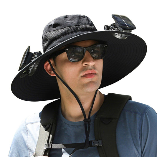 Outdoor Solar Fan Hat Wide Brim Sun Hat with Built in 2 Solar Fans Black
