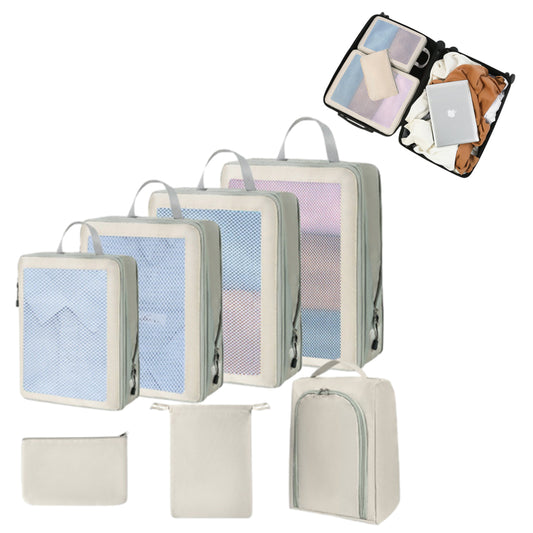 7Pcs Packing Cubes Travel Pouches Luggage Laundry Organizers Storage Bags Beige