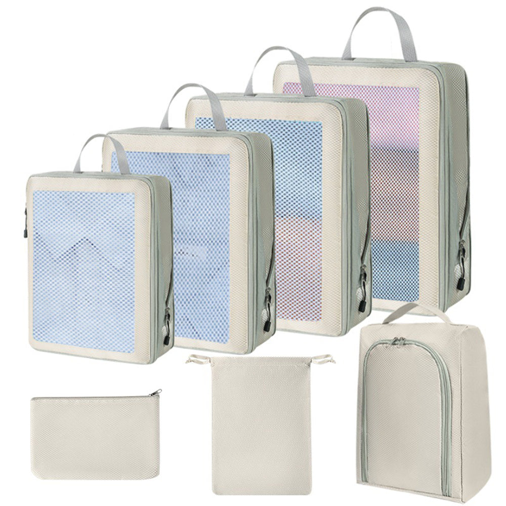 7Pcs Packing Cubes Travel Pouches Luggage Laundry Organizers Storage Bags Beige
