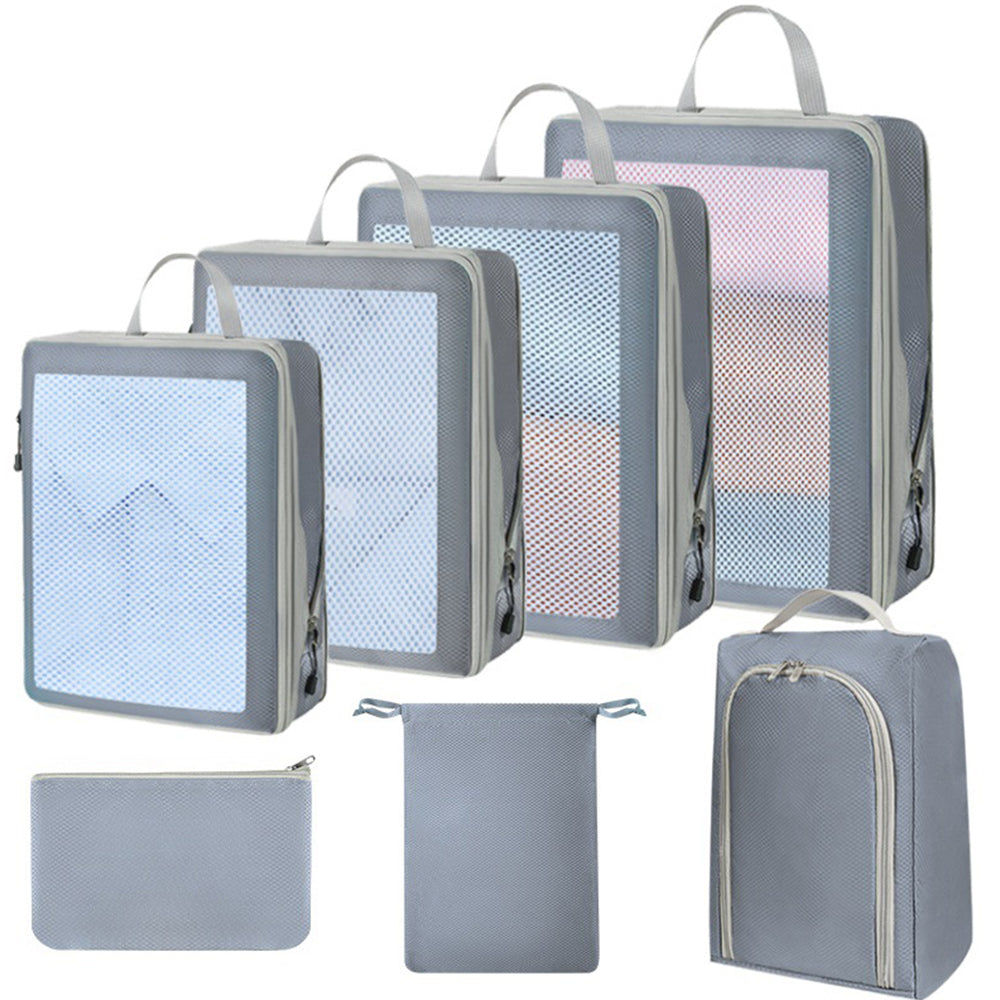 7Pcs Packing Cubes Travel Pouches Luggage Laundry Organizers Storage Bags Grey