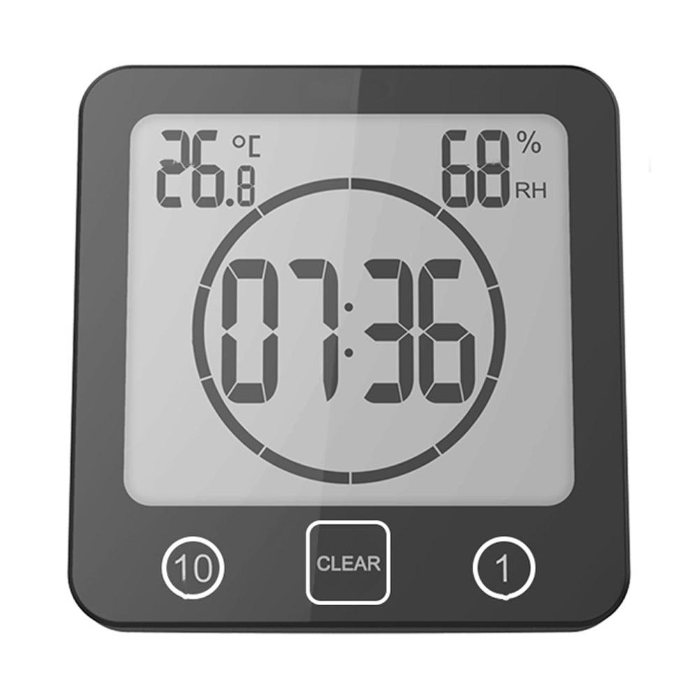Water-Resistant Digital Bathroom Clock Timer Alarm Temperature Humidity Black