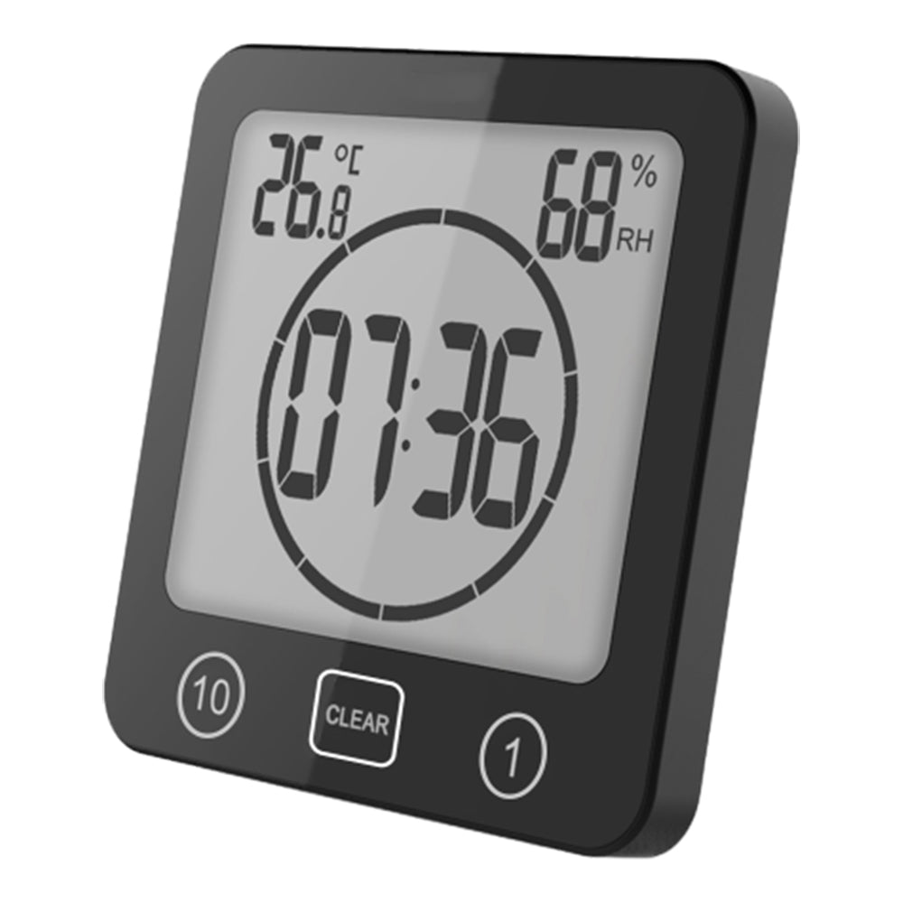 Water-Resistant Digital Bathroom Clock Timer Alarm Temperature Humidity Black