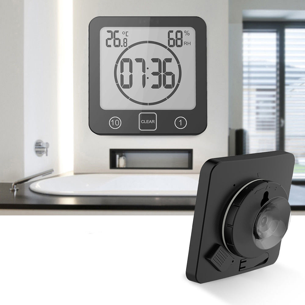 Water-Resistant Digital Bathroom Clock Timer Alarm Temperature Humidity Black