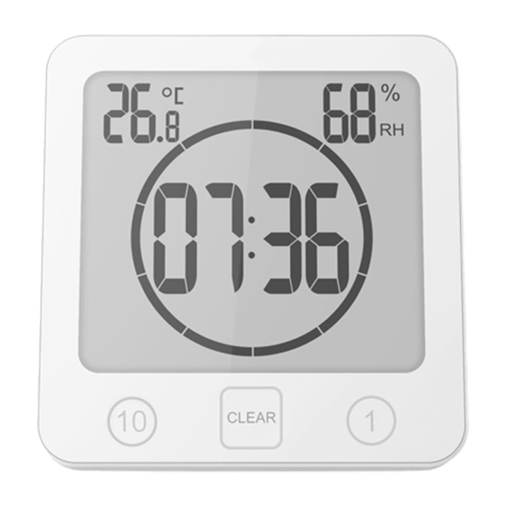 Water-Resistant Digital Bathroom Clock Timer Alarm Temperature Humidity White