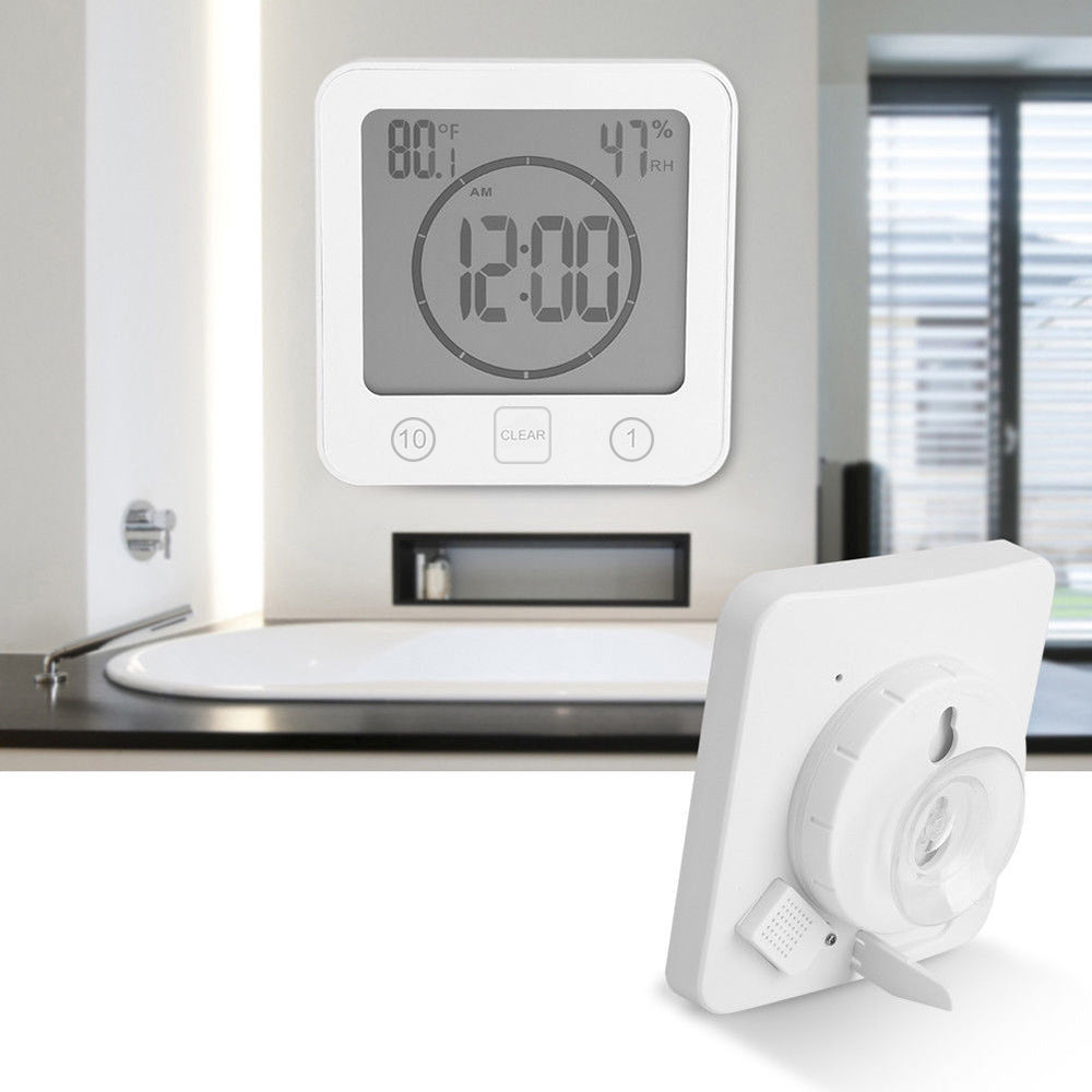 Water-Resistant Digital Bathroom Clock Timer Alarm Temperature Humidity White