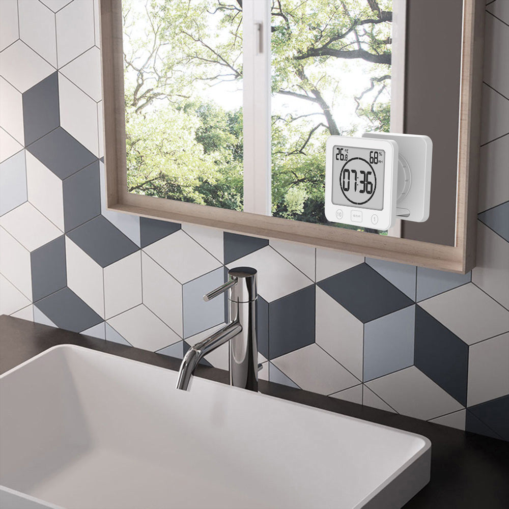 Water-Resistant Digital Bathroom Clock Timer Alarm Temperature Humidity White