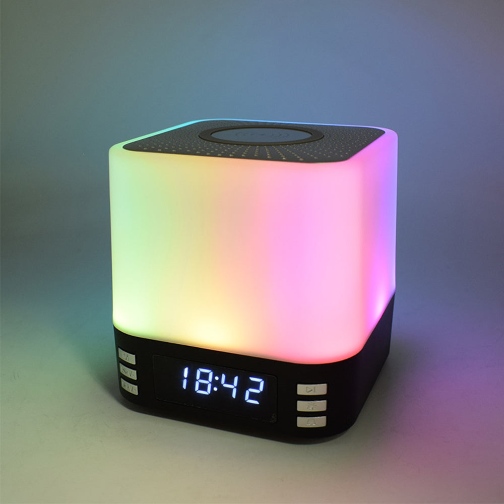 Portable Bluetooth Speaker Alarm Clock with Wireless Charging Station and RGB Night Light