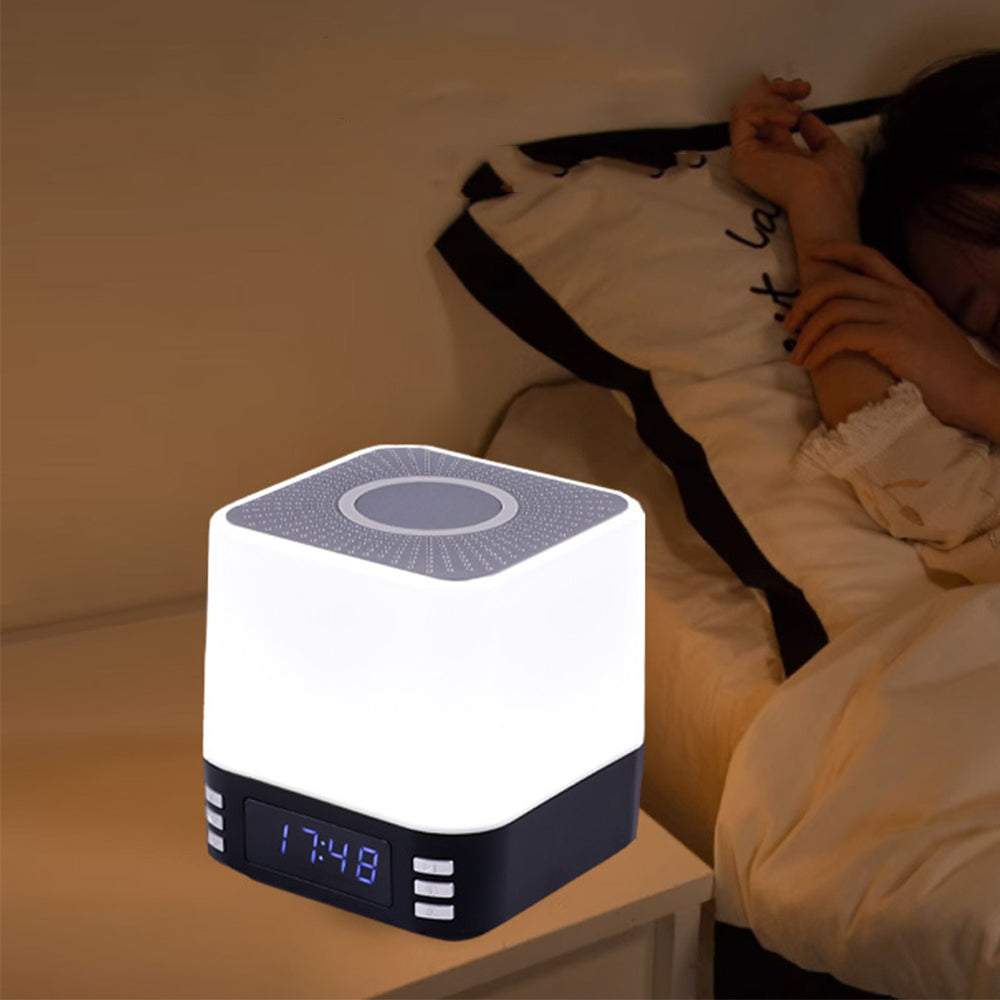 Portable Bluetooth Speaker Alarm Clock with Wireless Charging Station and RGB Night Light
