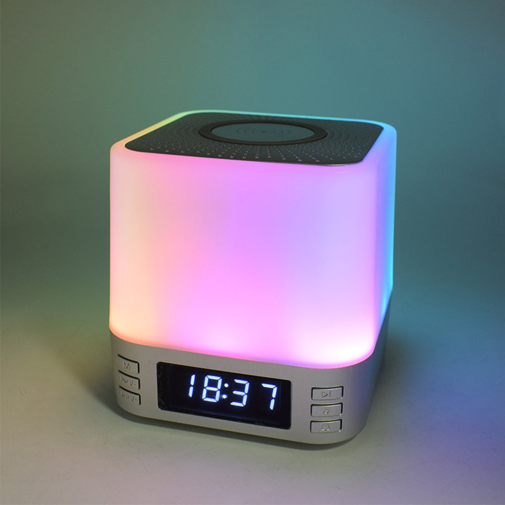 Portable Bluetooth Speaker Alarm Clock with Wireless Charging Station and RGB Night Light