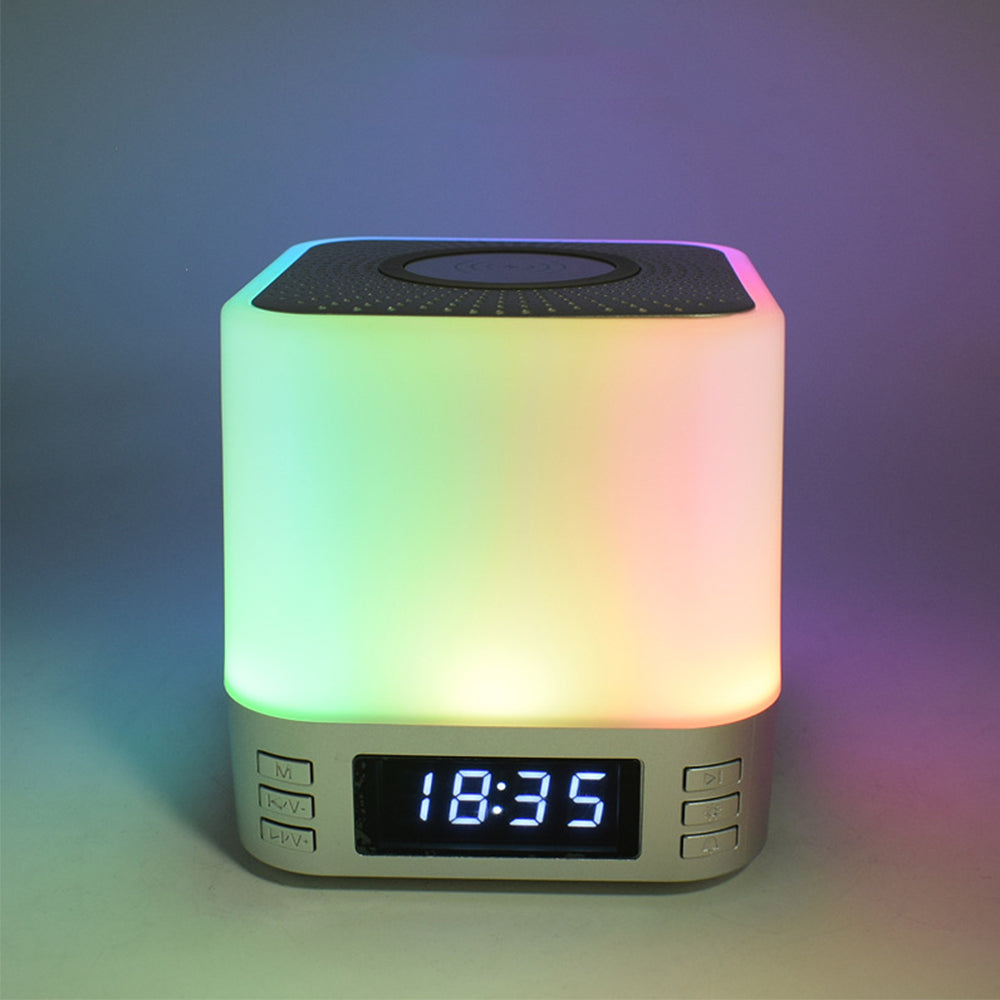 Portable Bluetooth Speaker Alarm Clock with Wireless Charging Station and RGB Night Light