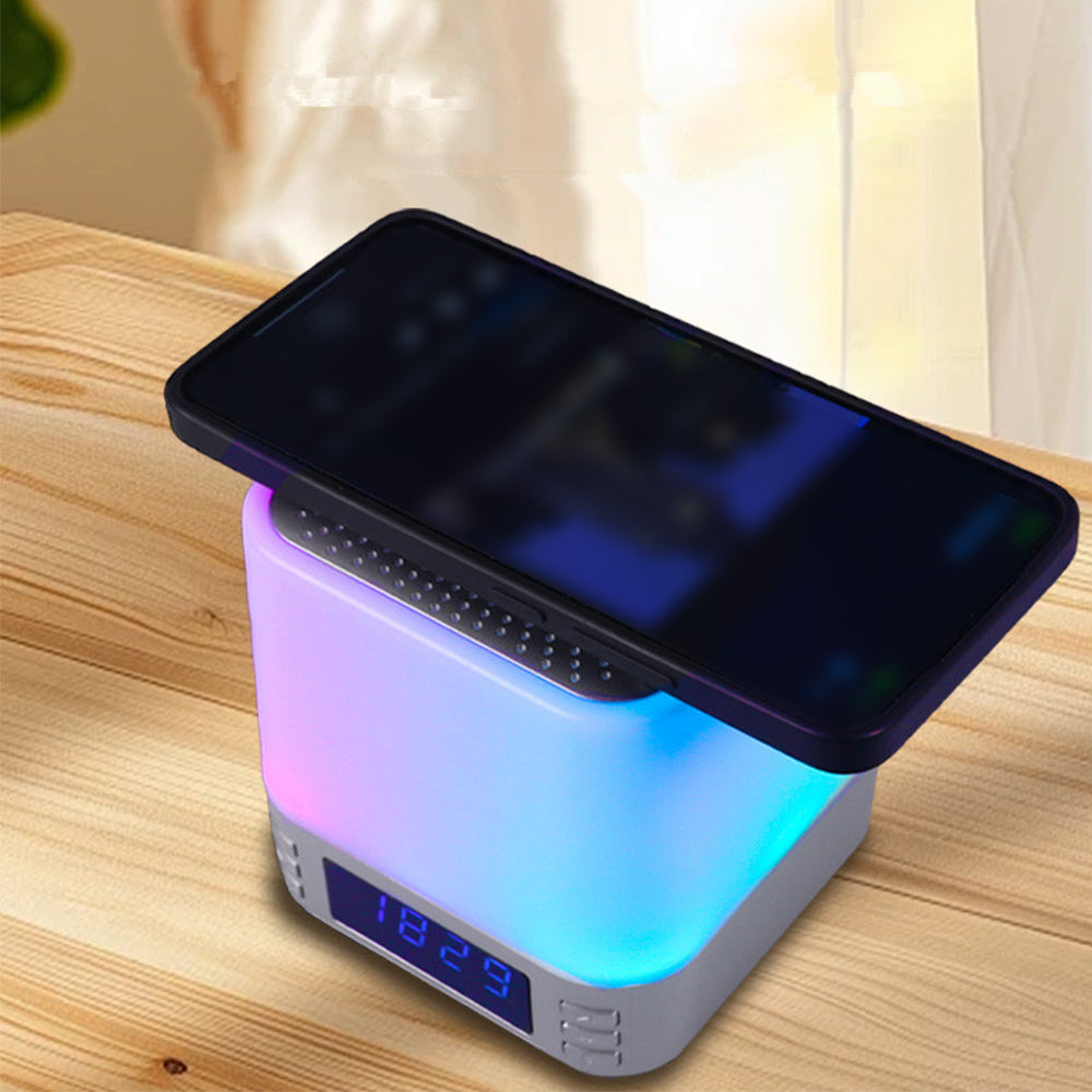 Portable Bluetooth Speaker Alarm Clock with Wireless Charging Station and RGB Night Light