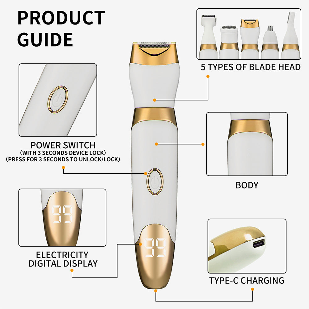 5-in-1 Electric Shaver with LED Display Rechargeable Hair Trimmer for Women