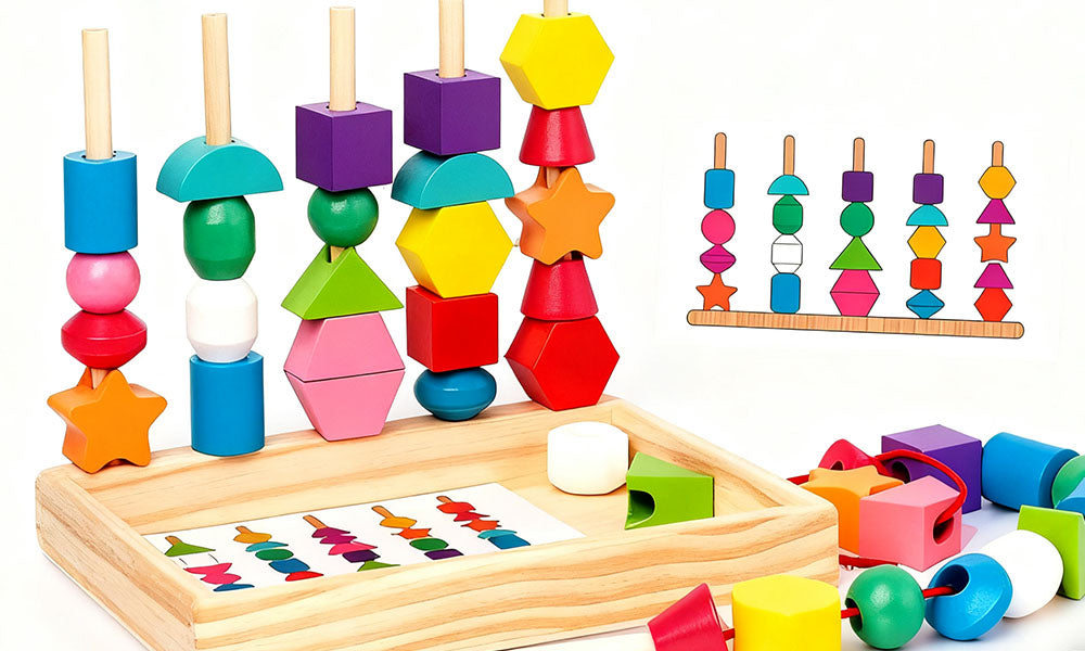 Kids Wooden Lacing Beads Sequencing Toy Set with Pattern Matching Cards STEM Preschool Learning Toy