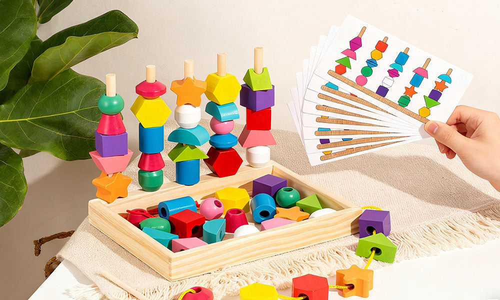Kids Wooden Lacing Beads Sequencing Toy Set with Pattern Matching Cards STEM Preschool Learning Toy