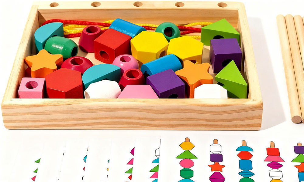 Kids Wooden Lacing Beads Sequencing Toy Set with Pattern Matching Cards STEM Preschool Learning Toy