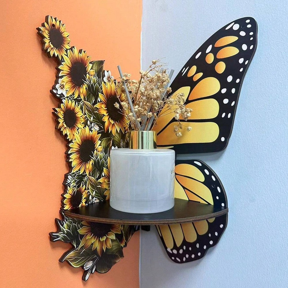 2Pcs Wall Corner Shelf Wooden Floating Display Shelf - Butterfly and Bat Style