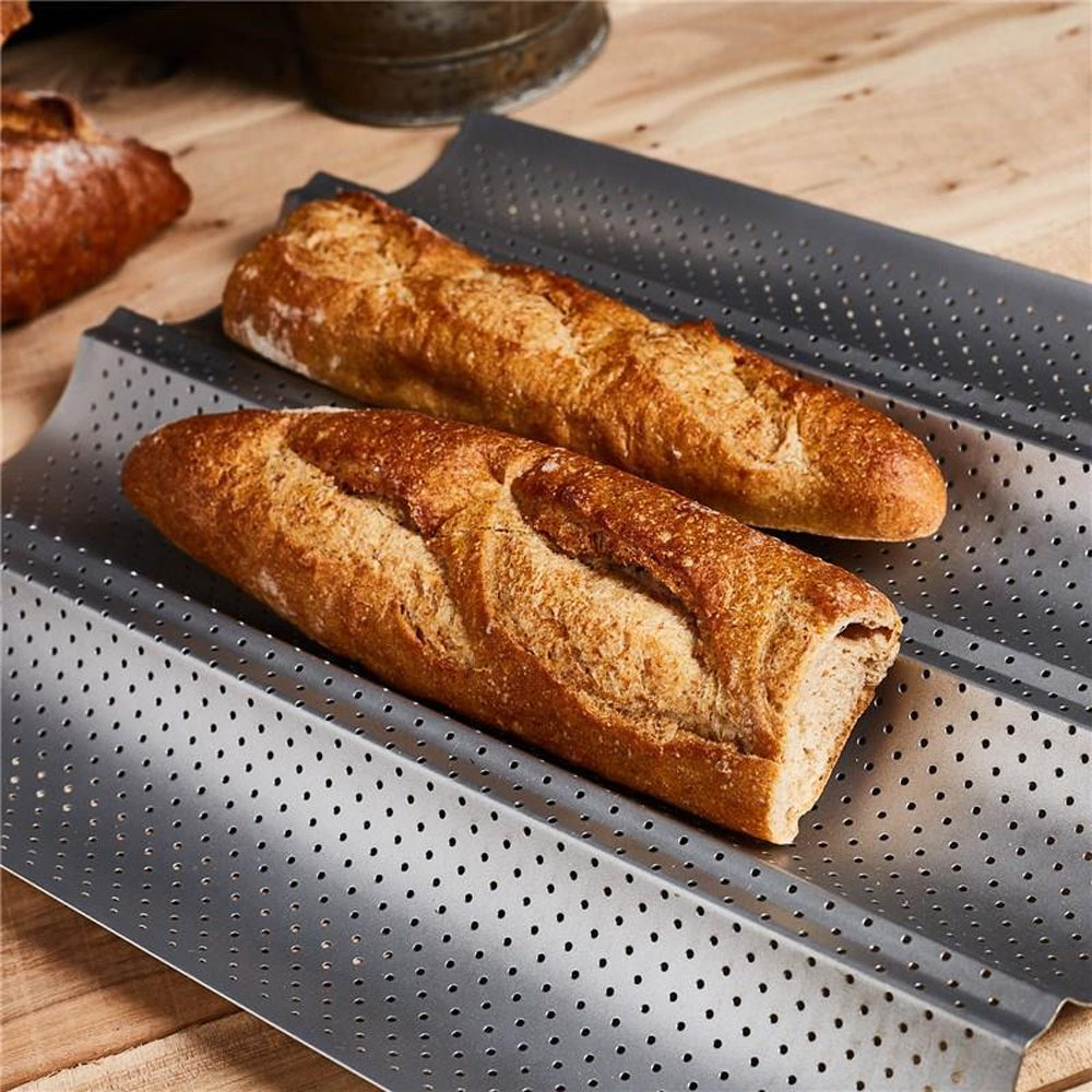 2XNon-Stick Perforated Baguette Pan Baguette Bake French Bread Baking Tray Black