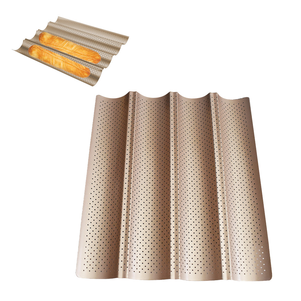 2X Non-Stick Perforated Baguette Pan Baguette Bake French Bread Baking Tray Gold