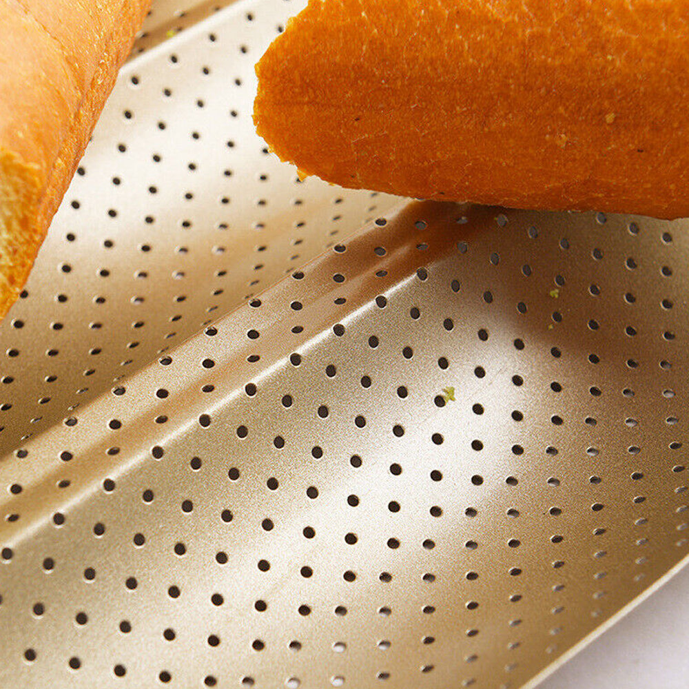 2X Non-Stick Perforated Baguette Pan Baguette Bake French Bread Baking Tray Gold