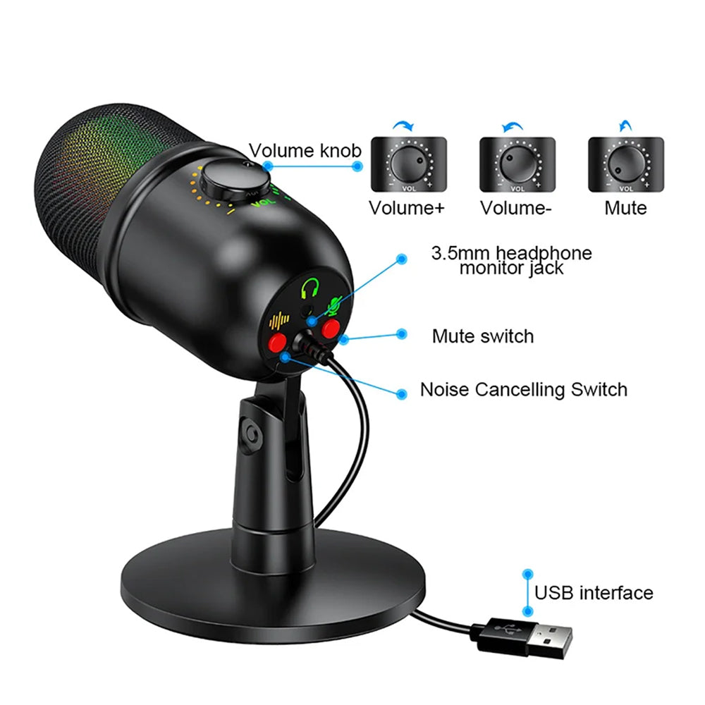 USB Microphone Gaming Recording Podcast Live Broadcast Luminous Microphone RGB